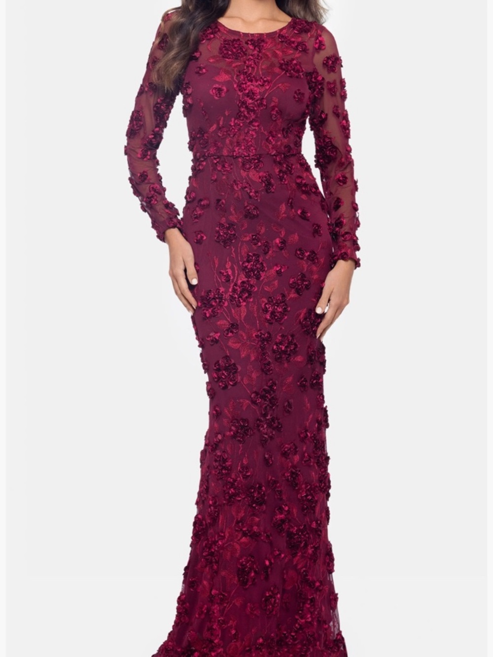 Xscape Burgundy Long Sleeve Floral Appliqué Gown
